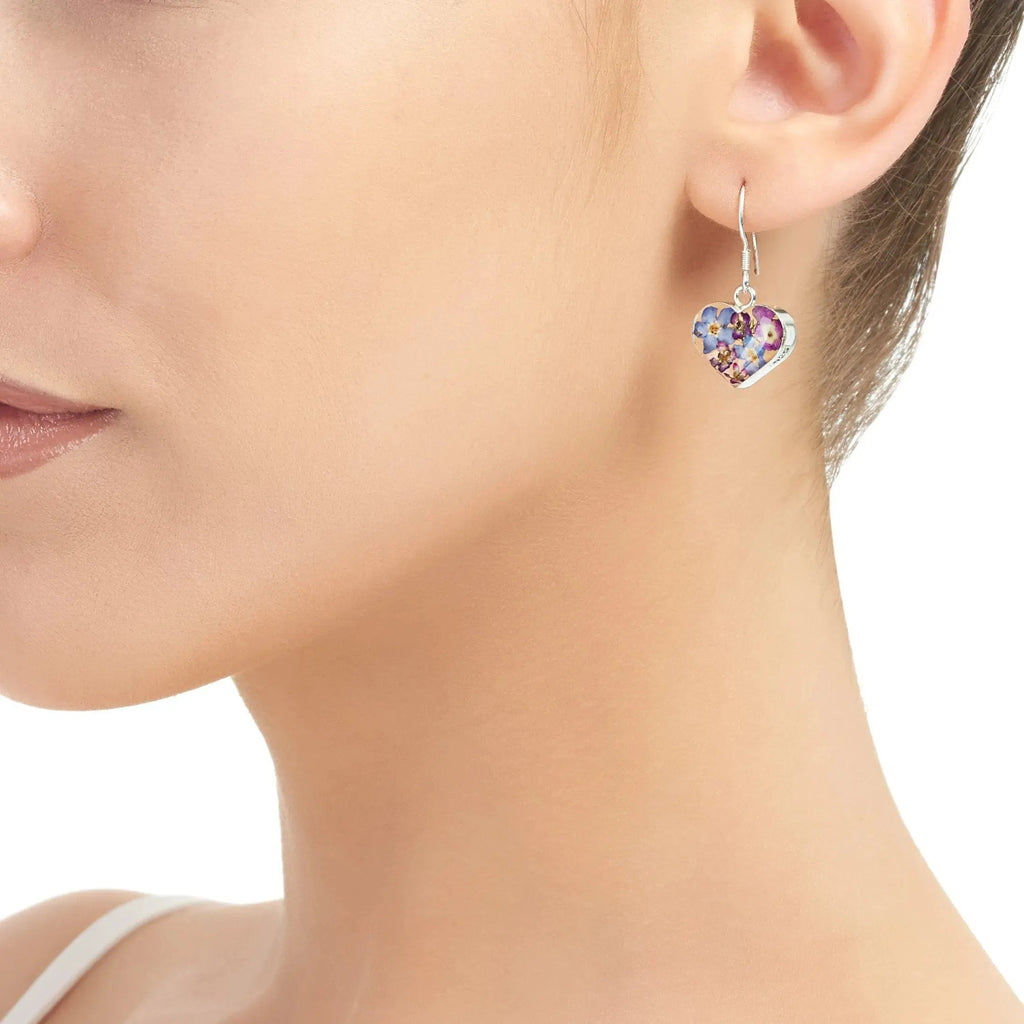Silver Drop Heart Earrings with tiny purple Flowers by Shrieking Violet